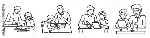 Illustration of parents and children engaging in learning activities together at desks