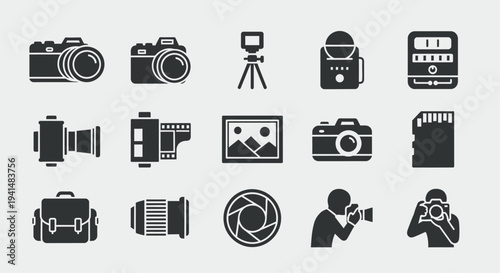 Various photography equipment icons arranged in a grid black silhouette