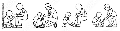 Father and Child Bonding Depicted Through Shoelace Tying Process in Various Stages