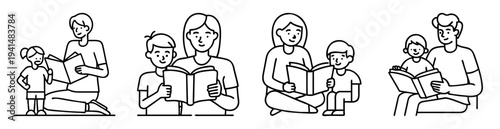 Illustrations of parents reading books with their children in black outline