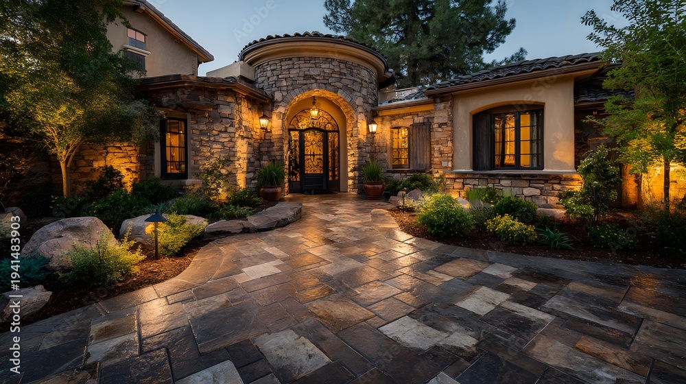 Fototapeta premium Front entrance of a luxurious modern home, featuring large architectural stone pavers forming a walkway, surrounded by lush garden beds.