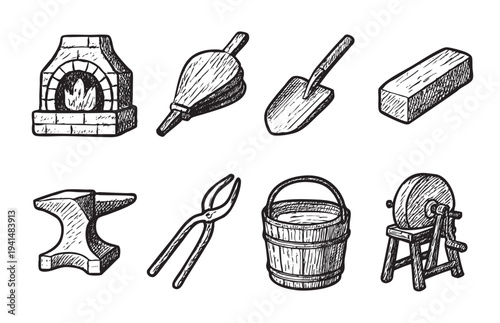 A hand-drawn illustration of blacksmith tools on a white background, including a forge, bellows, shovel, anvil, tongs, bucket, and grindstone. Could be used to illustrate concepts related to crafting.