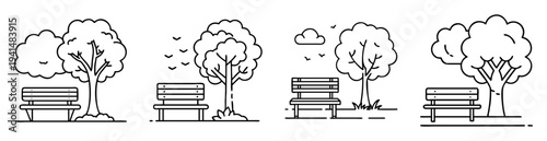 Minimalist Line Art Illustrations of Parks with Trees and Benches Collection