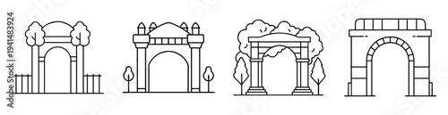 Four different architectural archways and entrances, presented in a row, line art