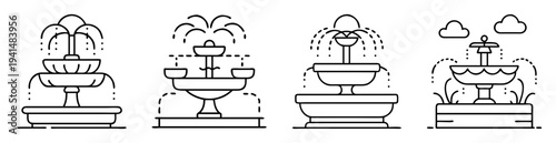 Four different fountain designs in a row in vector art form