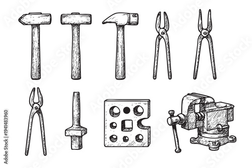 A detailed black and white sketch illustration showcases a blacksmith's tools including hammers, tongs, and a vice on a clean white background. Great for illustrating craftsmanship.