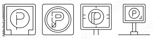 Four different types of parking signs with the letter P inside circles
