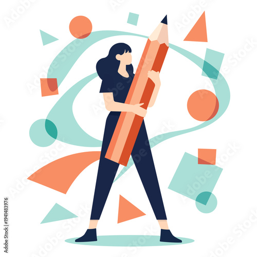 Creative Woman Holding Huge Pencil – Creativity, Design and Education Vector Illustration