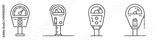 Collection of Parking Meter Icons in Black and White Linear Design