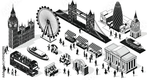 London landmarks illustrated in a striking black and white isometric silhouette high quality