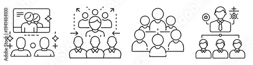Four organizational structure icons illustrating communication, influence, and hierarchy