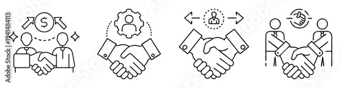 Business partnership and deal closure concept illustrated with handshake graphics in outlines