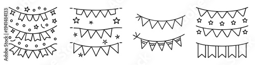 Hand drawn vector illustration of holiday pennant bunting with stars and circles