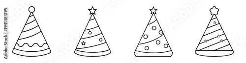 Four patterned party hats with wavy lines circles and stars celebration outline