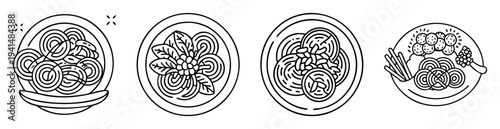 line art depiction of various food dishes each served on round plates