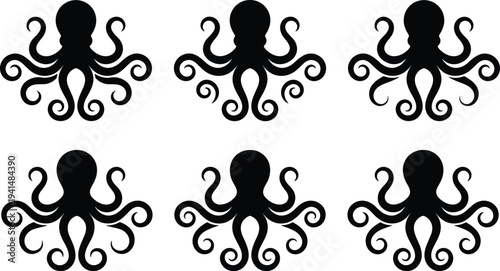 Octopus silhouette illustration, marine animal vector, sea creature design, underwater wildlife graphic, ocean life clipart, aquatic tentacle art, nautical icon