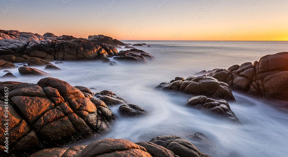 Obraz premium Rocky Shoreline Sunrise Long Exposure Smooth Water Mist