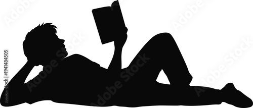 Person reading silhouette, leisure activity vector, relaxation illustration, intellectual lifestyle graphic, book lover clipart, study posture design icon
