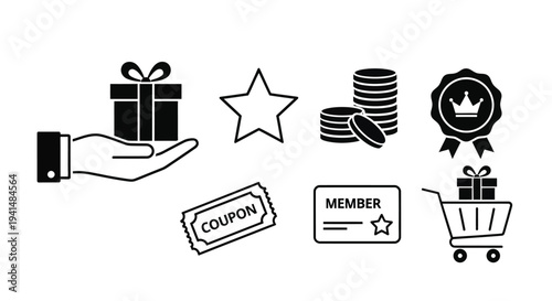 Black icons depicting gifts rewards and shopping a bold silhouette