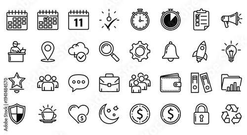 Collection of black linear icons representing business time and concepts silhouette