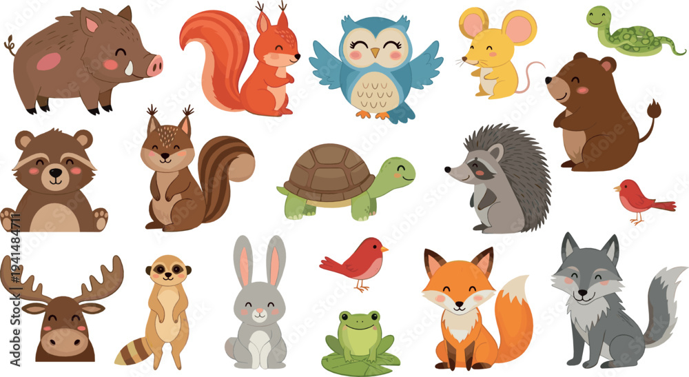 Obraz premium Cute Woodland Forest Animals Collection with Fox Bear Owl Squirrel Hedgehog and Cartoon Nature Vector Illustration Set