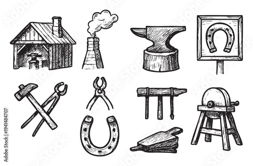 Black and white drawing shows a blacksmith forge, anvil, hammer, horseshoe, and other tools, evoking traditional craftsmanship and hard work.