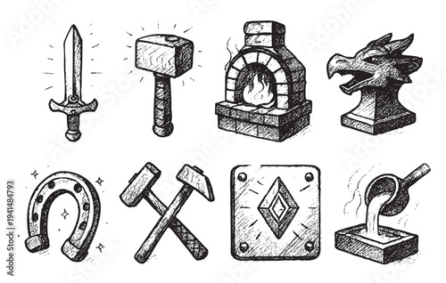 Black and white sketch illustration featuring a sword, hammer, forge, dragon anvil, horseshoe, hammers, metal card and molten metal ideal for fantasy RPG games.