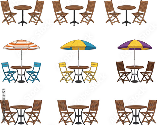 Outdoor patio dining furniture sets with tables, chairs and colorful umbrellas, garden terrace seating arrangements isolated on white background