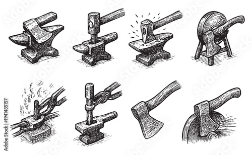 A collection of engraved illustrations depicting blacksmithing tools like anvils, hammers, tongs and axes alongside processes like forging and sharpening. Perfect for historical or industrial design.