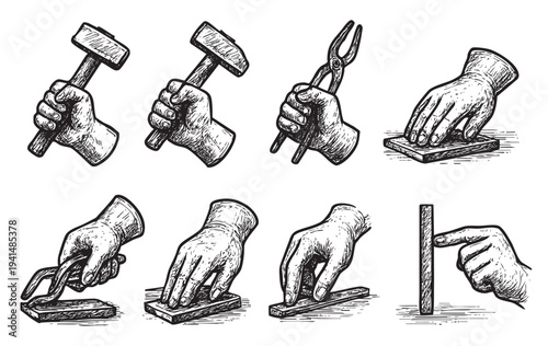 Black and white illustration depicting hands using tools like hammers, tongs, and pressing objects, showcasing vintage craftsmanship and a detailed etching style for editorial design.