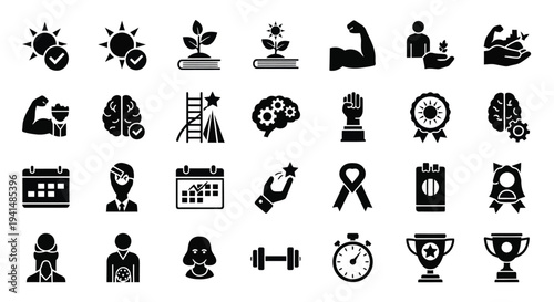 Collection of black icons representing growth success and mental wellbeing silhouette