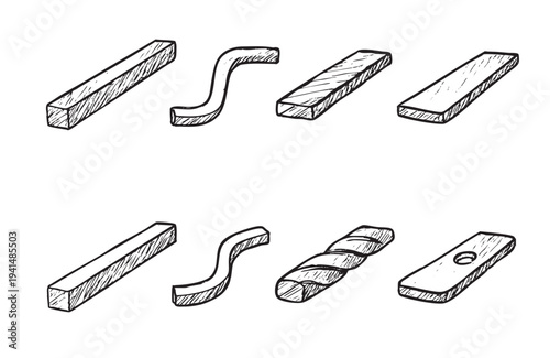 Hand-drawn illustration of different wood pieces like rectangles, s-shapes and twisted form isolated on white, suitable for design elements, woodworking or crafting designs.