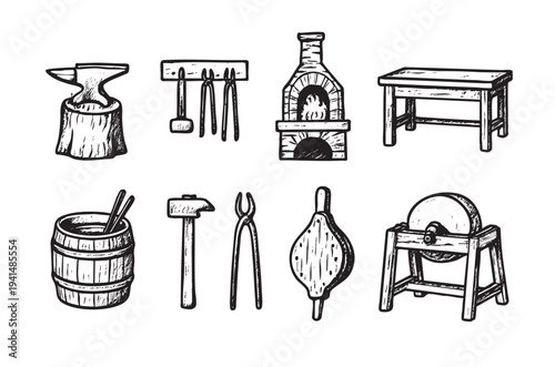 Black and white hand drawn illustration showing blacksmithing tools including an anvil, tongs, hammer, grinding wheel, furnace, bellows, barrel and a table, with a rustic and vintage feel.