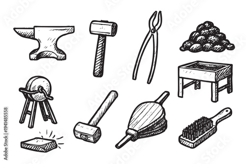 A set of hand drawn blacksmith tools including an anvil, hammer, tongs, coal, and bellows on a clean white background for use in illustrations and designs.