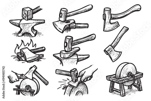 Black and white illustration with different woodworking tools like anvils, axes, and hammers sketched, perfect for vintage or historical design projects.