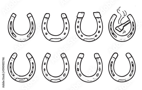 Illustration showcases multiple horseshoe symbols, one with a branding iron. Black outlines on white, creating a clean, rustic, hand-drawn style for design, luck, and western themes.
