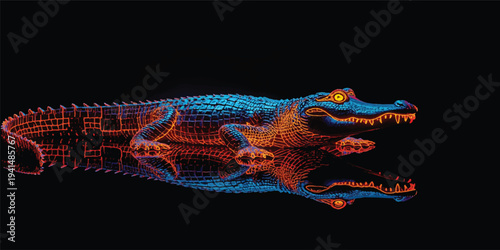 A fiery red dragon emerges from an abstract black fractal background with burning orange flames and motion waves of heat energy in this night inferno illustration