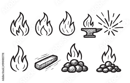 Black and white hand drawn illustration featuring flames, an anvil, a metal bar, and a pile of coals for blacksmithing. Use for logos and designs.