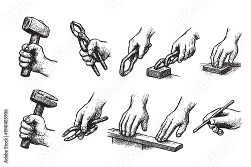 Hand-drawn illustrations showcase blacksmithing techniques, including holding tools, hammering, and shaping metal, ideal for historical references or creative crafting projects.