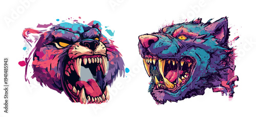 Two ferocious beasts cartoon set. Growling teeth fangs jaws eyes angry rage fury bear grizzly wolf werewolf canine snarling roaring animal wild predator heads portrait aggression mythical creature