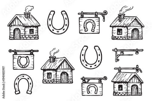 Hand-drawn black and white illustrations of small houses with smoking chimneys, horseshoes, and wooden horseshoe signs, perfect for a rustic or vintage design.