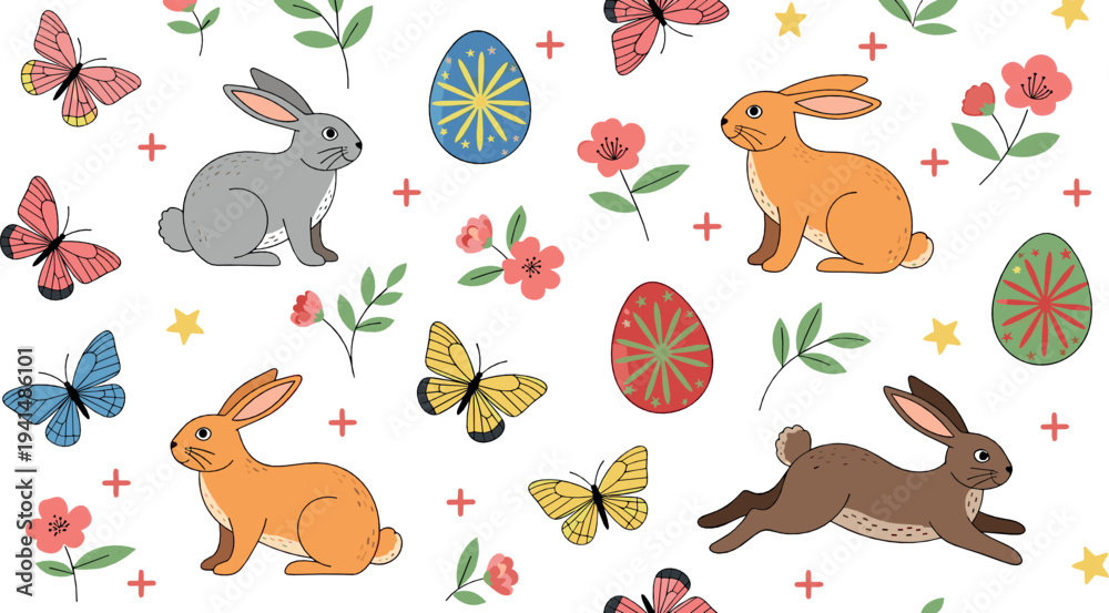 Obraz premium Easter Spring Seamless Pattern with Rabbits Colorful Eggs Butterflies Flowers and Cute Cartoon Vector Background Design