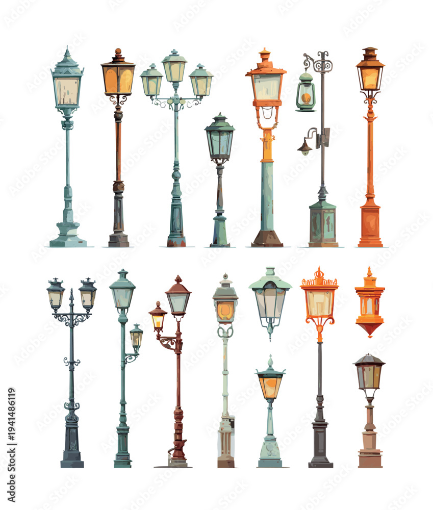 Fototapeta premium Vintage old street lamps cartoon vector set. Antique city light posts lantern classic retro decorative iron architecture urban exterior lighting gas electric lamp isolated illustration