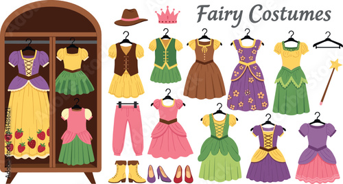 Fairy tale princess costumes vector set with dresses, skirts, shoes, crown and magic wand fantasy fashion illustration