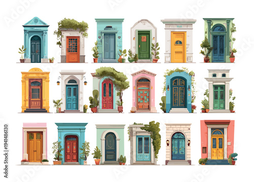 Vintage doors cartoon vector set. Facades architecture townhouses entryways potted plants archways wooden rustic home exterior, antique old city street avenue metropolitan urban isolated art