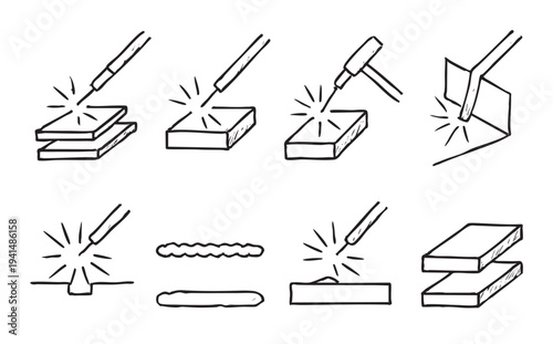 Black and white hand-drawn sketches showcase the welding process on metal surfaces, including different welding techniques and seam types, ideal for illustrating manufacturing processe.