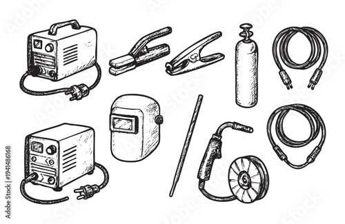 Black and white sketch of welding equipment, including machine, mask, electrodes, gas cylinder, and more isolated on a white background. Use for industry, construction, and manufacturing.
