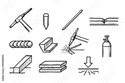 Black and white sketch illustration of welding elements including a torch, rods, and tank. Can be used for welding and industrial concepts.