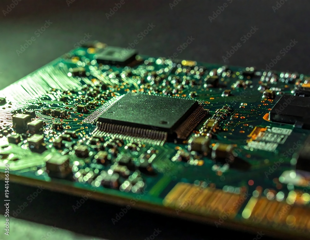 Obraz premium Close-up of a green circuit board with various components