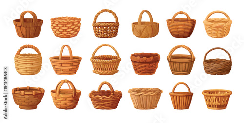 Wicker baskets cartoon vector set. Wooden straw rustic container different shapes woveneaster spring picnic harvest storage natural handmade pouches isolated on white background
